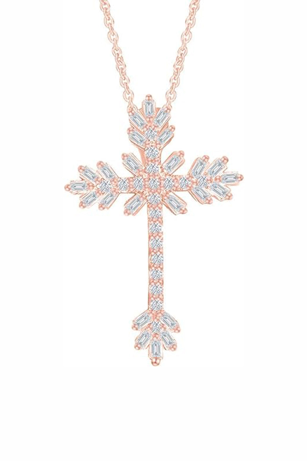 Rose Gold Color Baguette and Round Moissanite Cross Pendant Necklace 