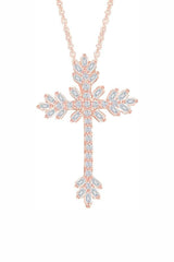 Rose Gold Color Baguette and Round Moissanite Cross Pendant Necklace 
