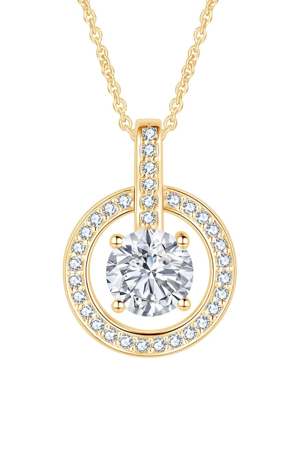 1 Carat (Ctw) Moissanite Halo Solitaire Pendant Necklace in 18K Gold Plated Sterling Silver.