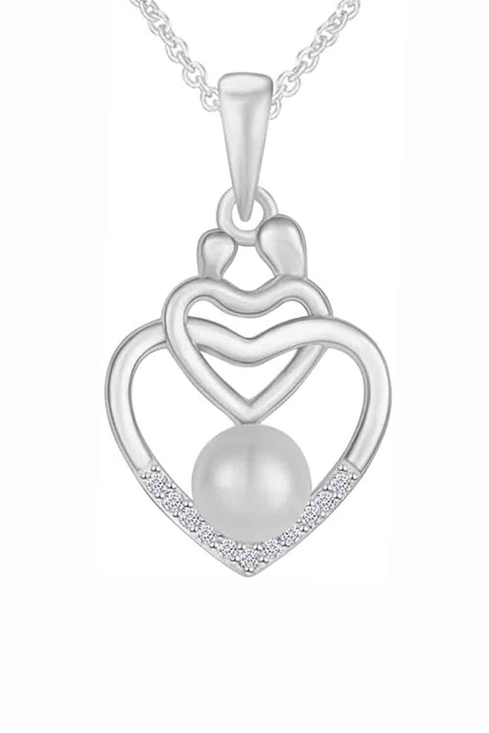 White Gold Color Pearl Child with Mom Double Heart Pendant Necklace 