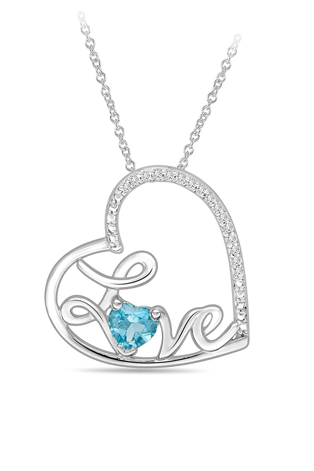 White Gold Color Blue Topaz Gemstone Love Heart Pendant Necklace