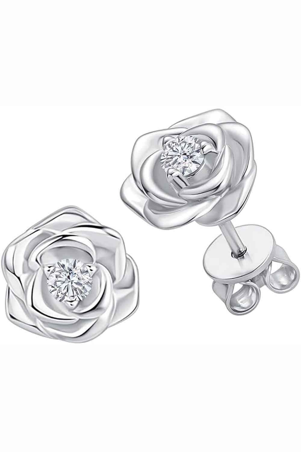 White Gold Color Rose Flower Stud Earrings, Stud Earrings for Women