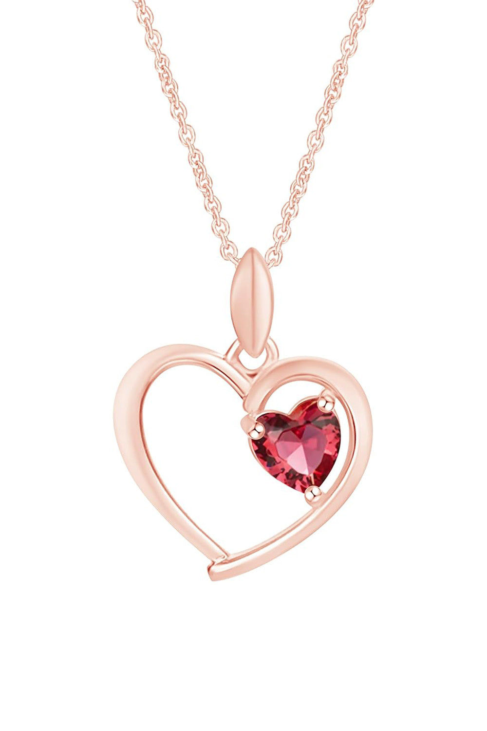 Rose Gold Color Ruby Gemstone Birthstone Heart Pendant Necklace 