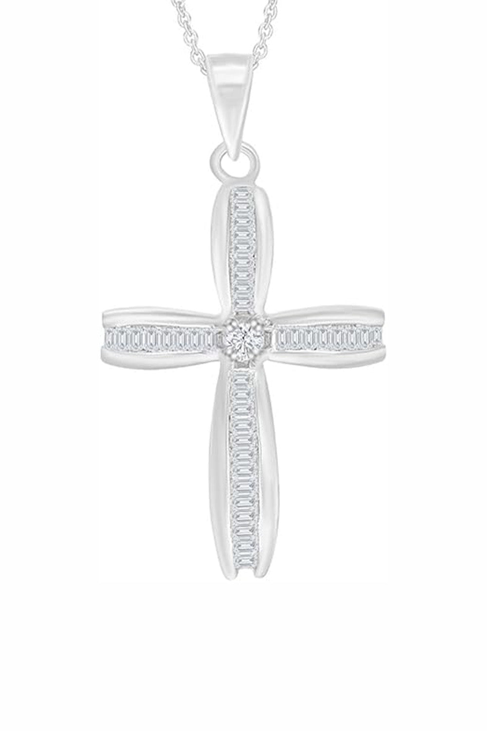 White Gold Color Baguette Round Moissanite Cross Pendant Necklace 