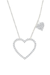 White Gold Color Heart Outline with Heart Dangle Station Necklace 