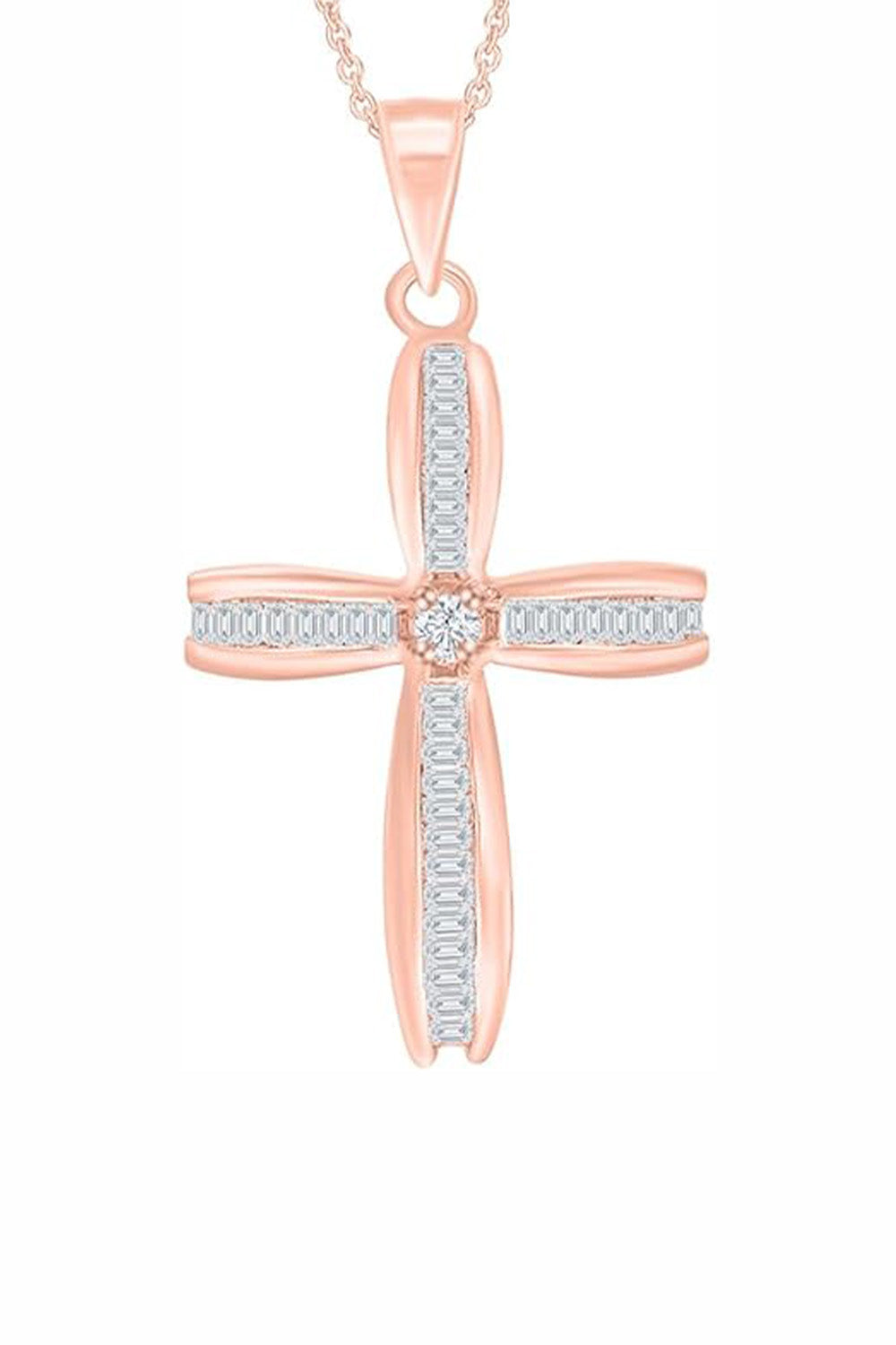 Rose Gold Color Baguette Round Moissanite Cross Pendant Necklace 