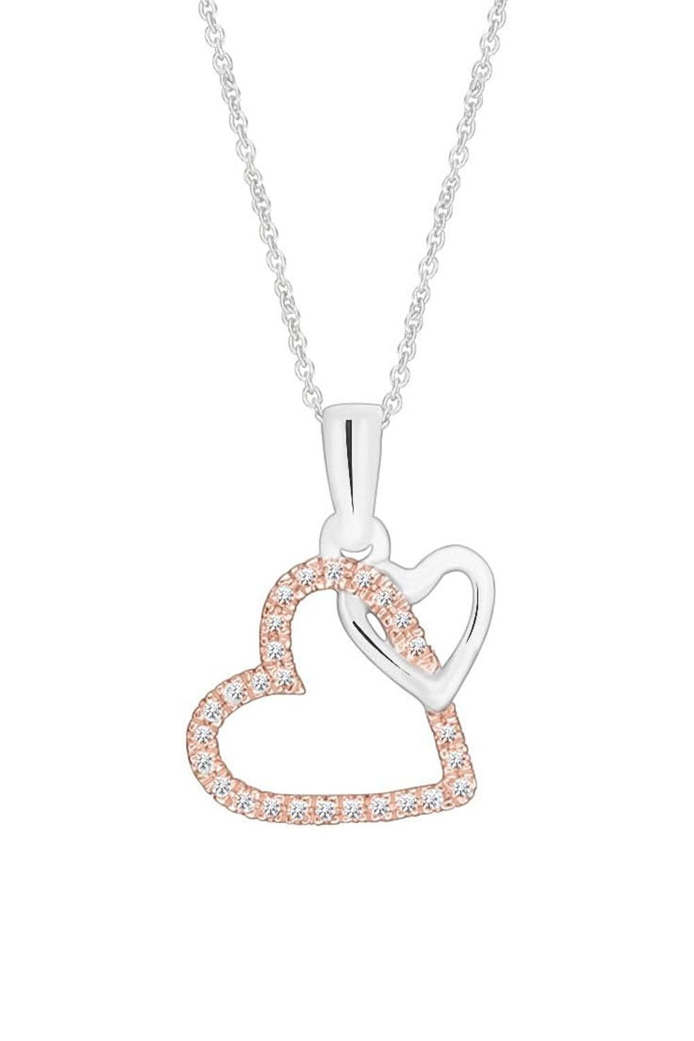 White Gold Color Double Interlocking Love Heart Pendant Necklace, 