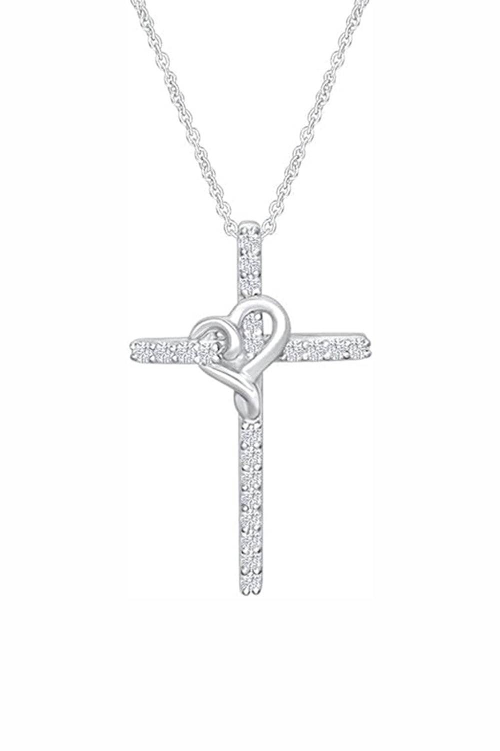 White Gold Color Yaathi Heart Cross Pendant Necklace, Religious Pendant