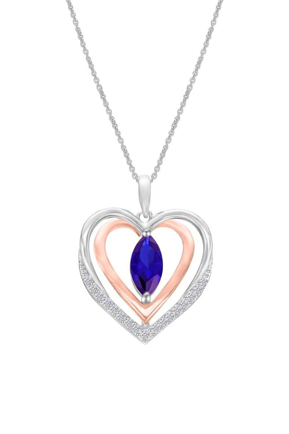 White Gold Color Sapphire Double Heart Pendant Necklace 