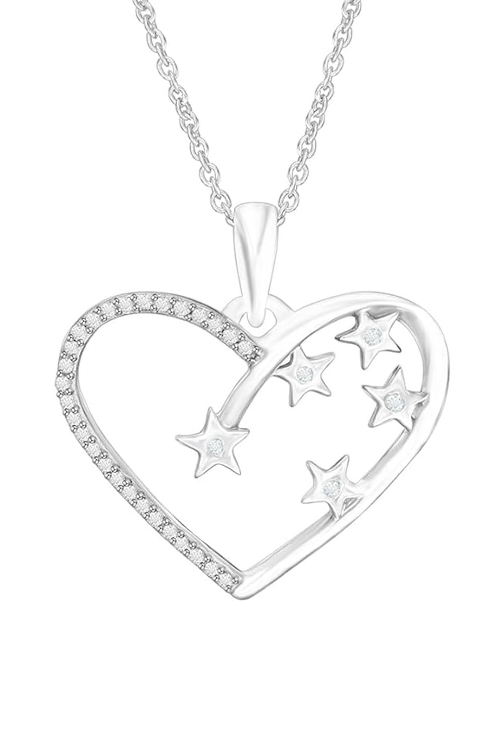 White Gold Color Heart Outline and Scattered Star Pendant Necklace 