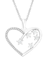 White Gold Color Heart Outline and Scattered Star Pendant Necklace 