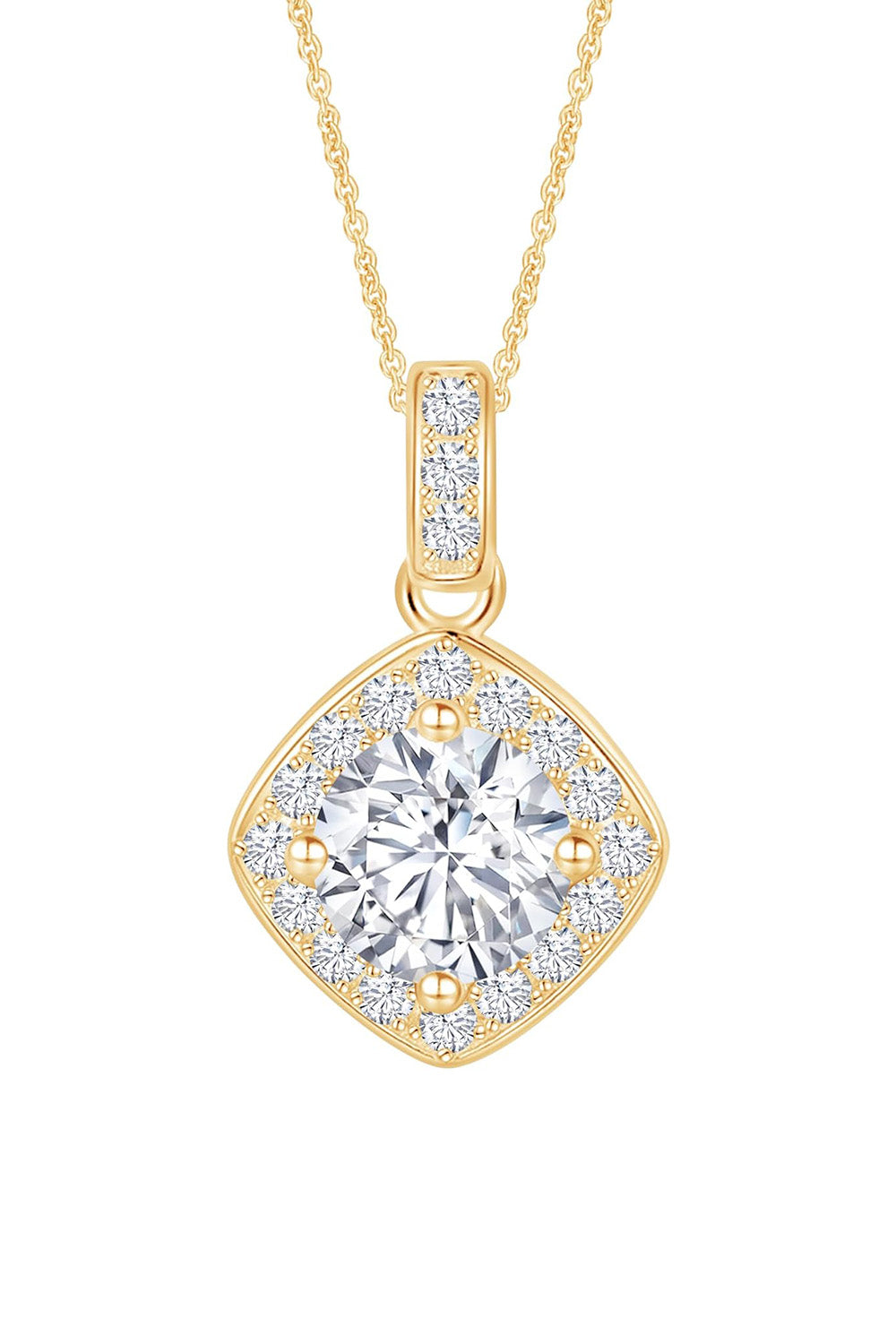 Yellow Gold Color Cushion Halo Pendant Necklace