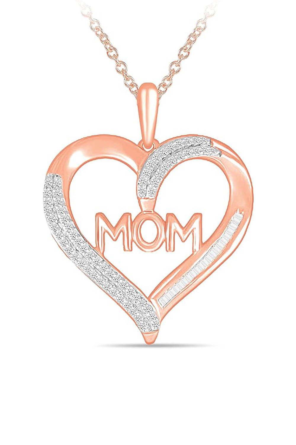 Rose Gold Color Baguette and Heart Mom Pendant Necklace
