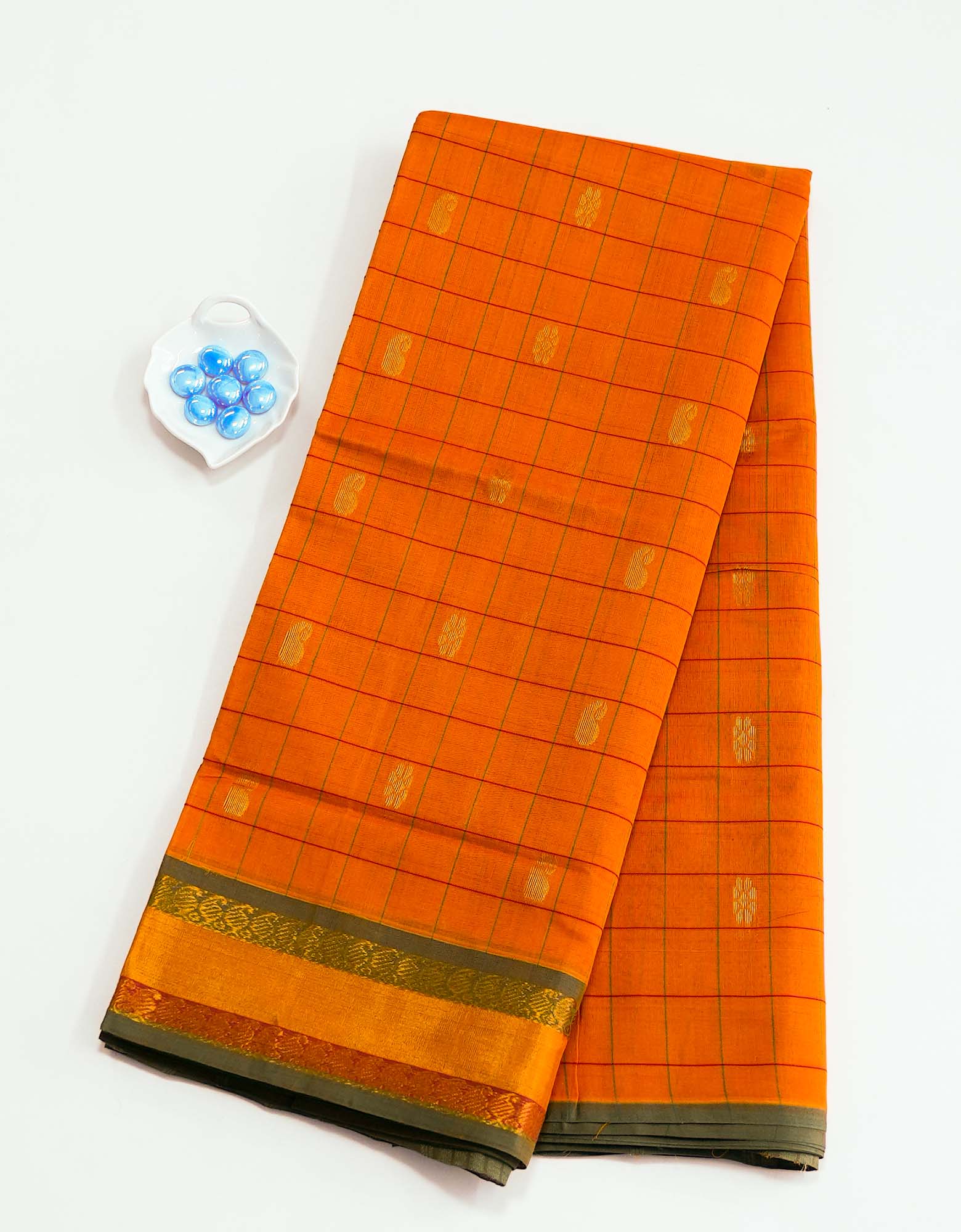 Tangerine Color Venkatagiri Checked Cotton Saree