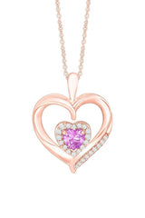 Rose Gold Color Pink Sapphire Diamond Double Heart Pendant Necklace 