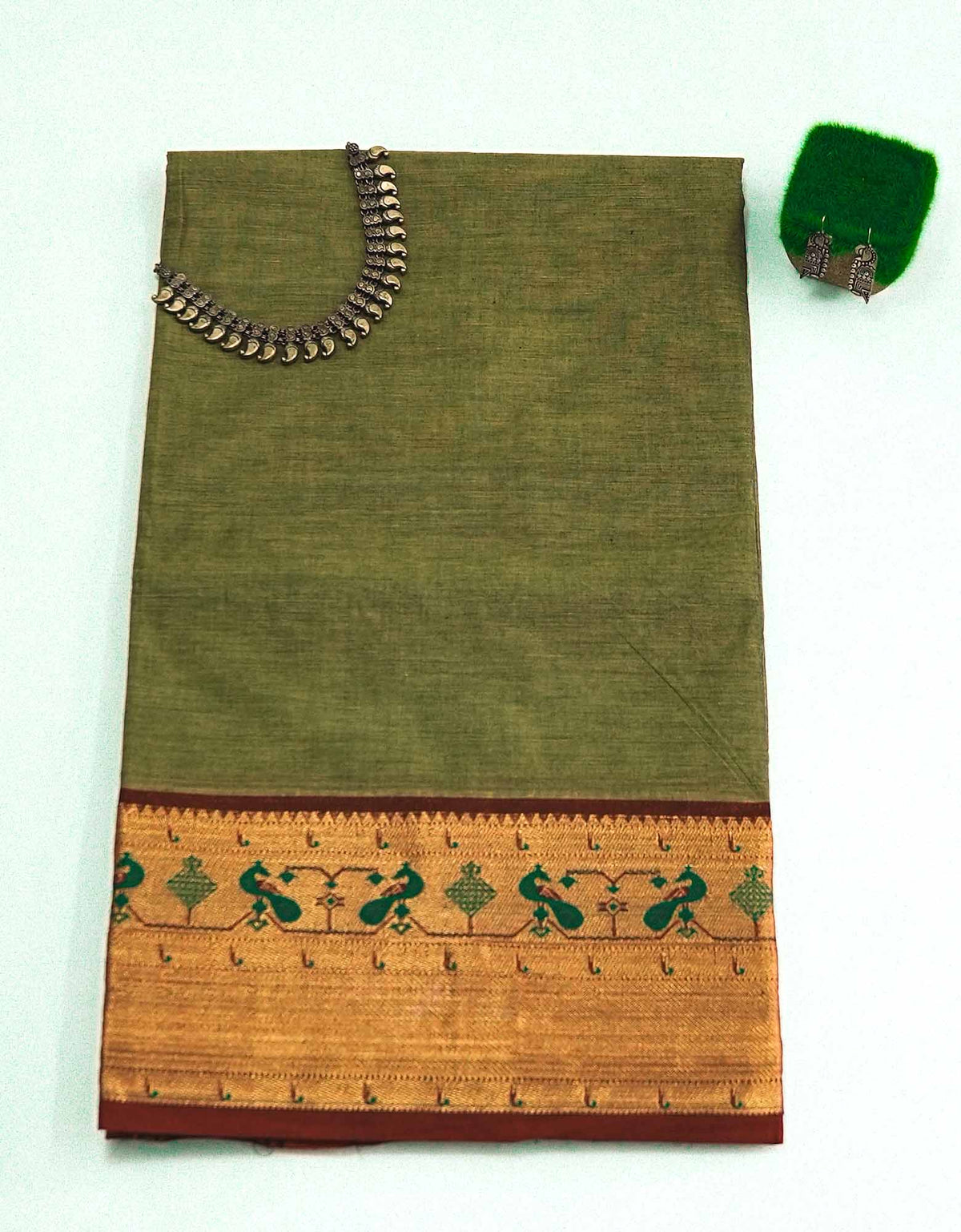 Swamp Green Color Plain Cotton Saree