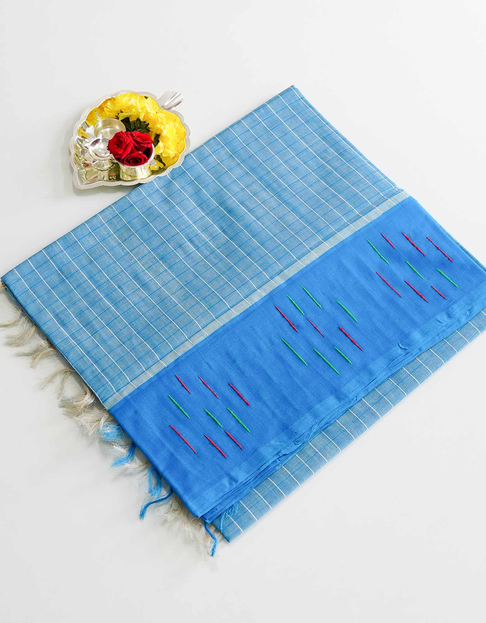 Bright Sky Blue Color Kuppadam Cotton Saree