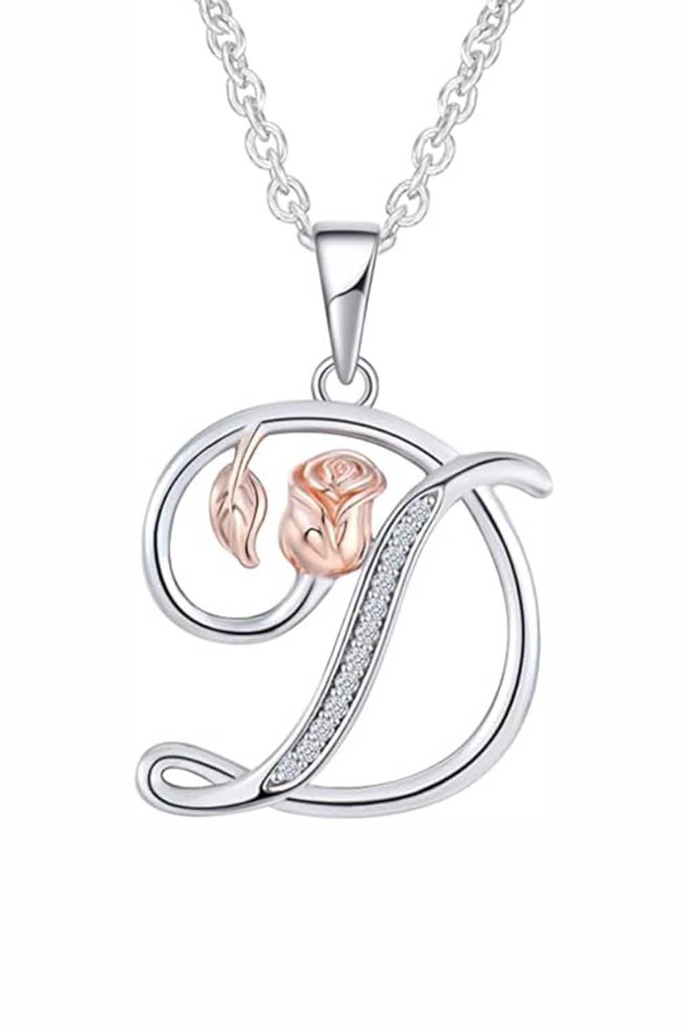 D Letter With Rose Pendant Necklace
