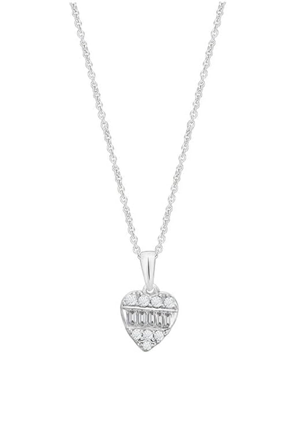 White Gold Color Round and Baguette Love Heart Pendant Necklace