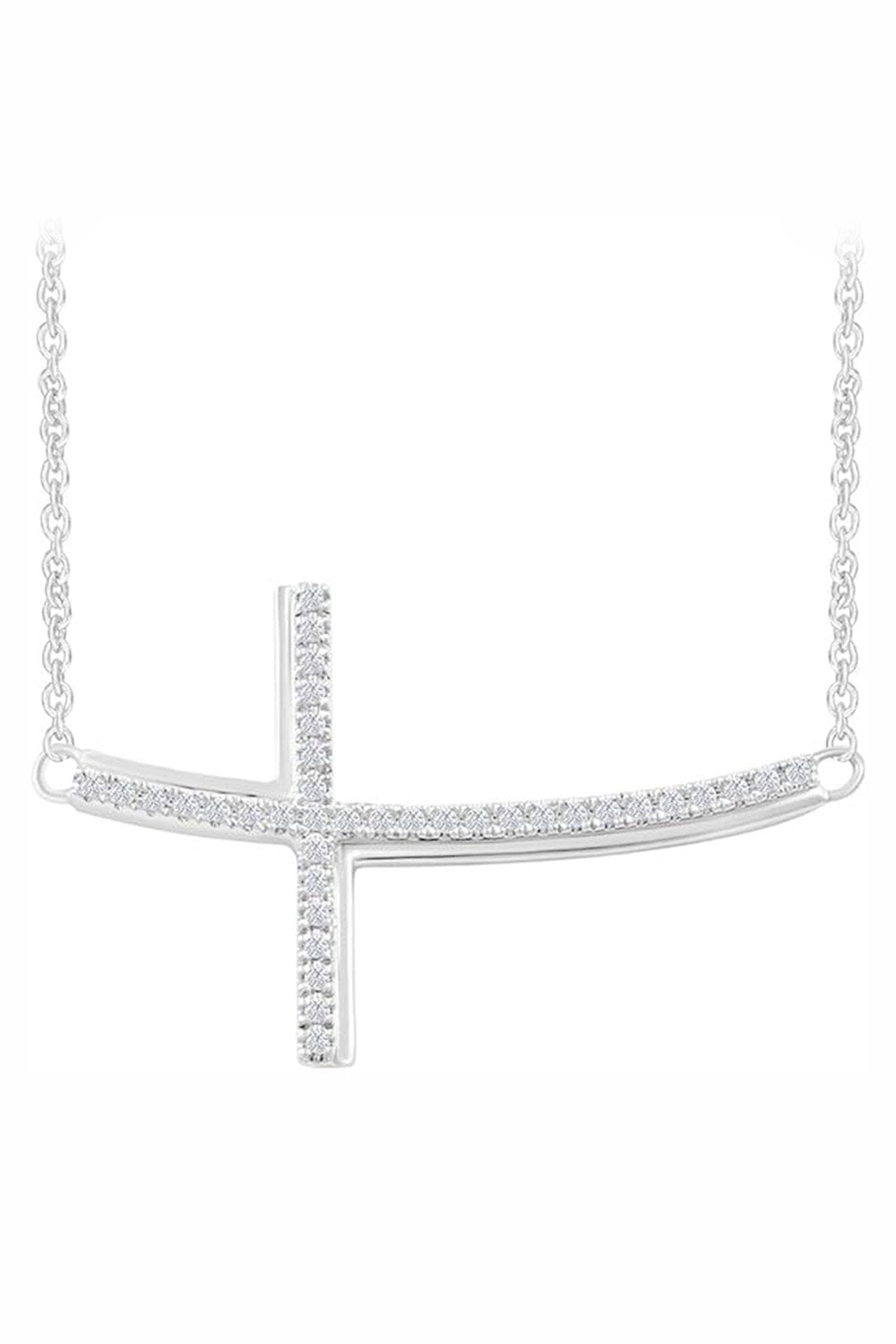White Gold Color Curved Sideways Cross Pendant Necklace, Jewellery