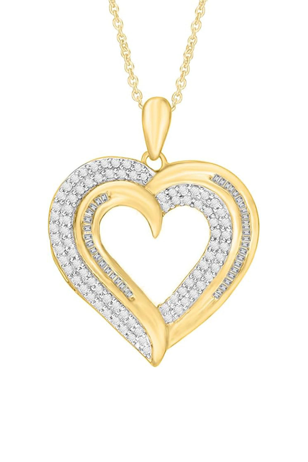 Yellow Gold Color New Baguette and Round Moissanite Heart Pendant Necklace