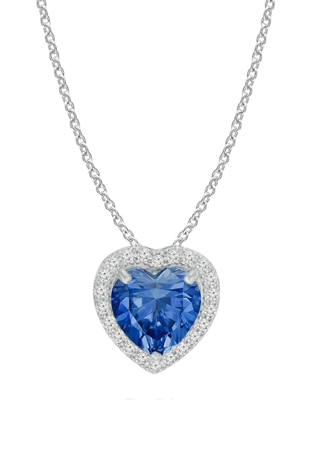 White Gold Color Blue Sapphire Diamond Love Heart Birthstone Pendant 