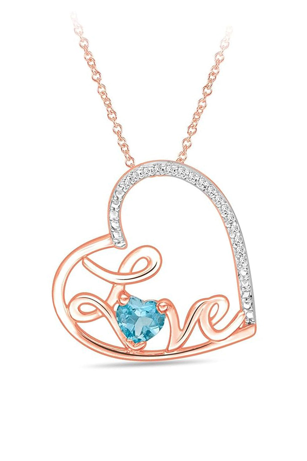 Rose Gold Color Blue Topaz Gemstone Love Heart Pendant Necklace