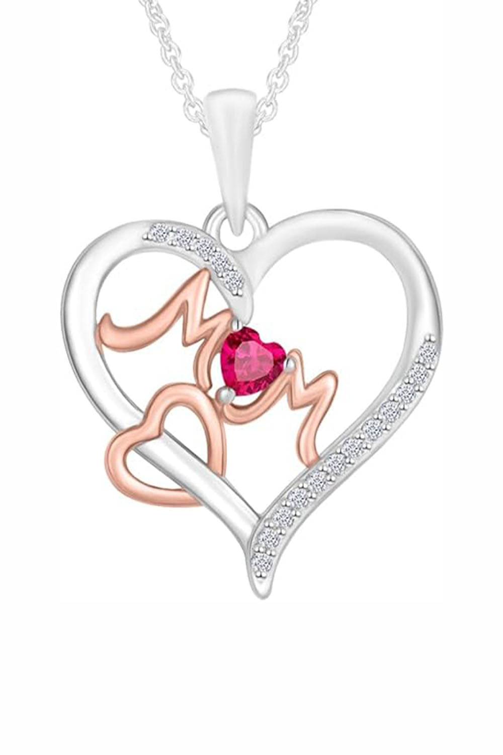 Yaathi 1/2 Carat Moissanite and Ruby Double Heart Mom Pendant Necklace in 18k Two tone Gold Over Sterling Silver Jewellery.