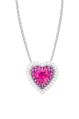 White Gold Color Ruby Diamond Double Heart Pendant Necklace 