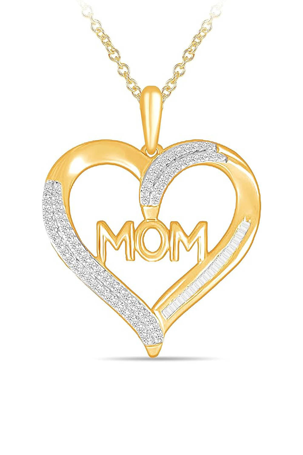 Yellow Gold Color Baguette and Heart Mom Pendant Necklace