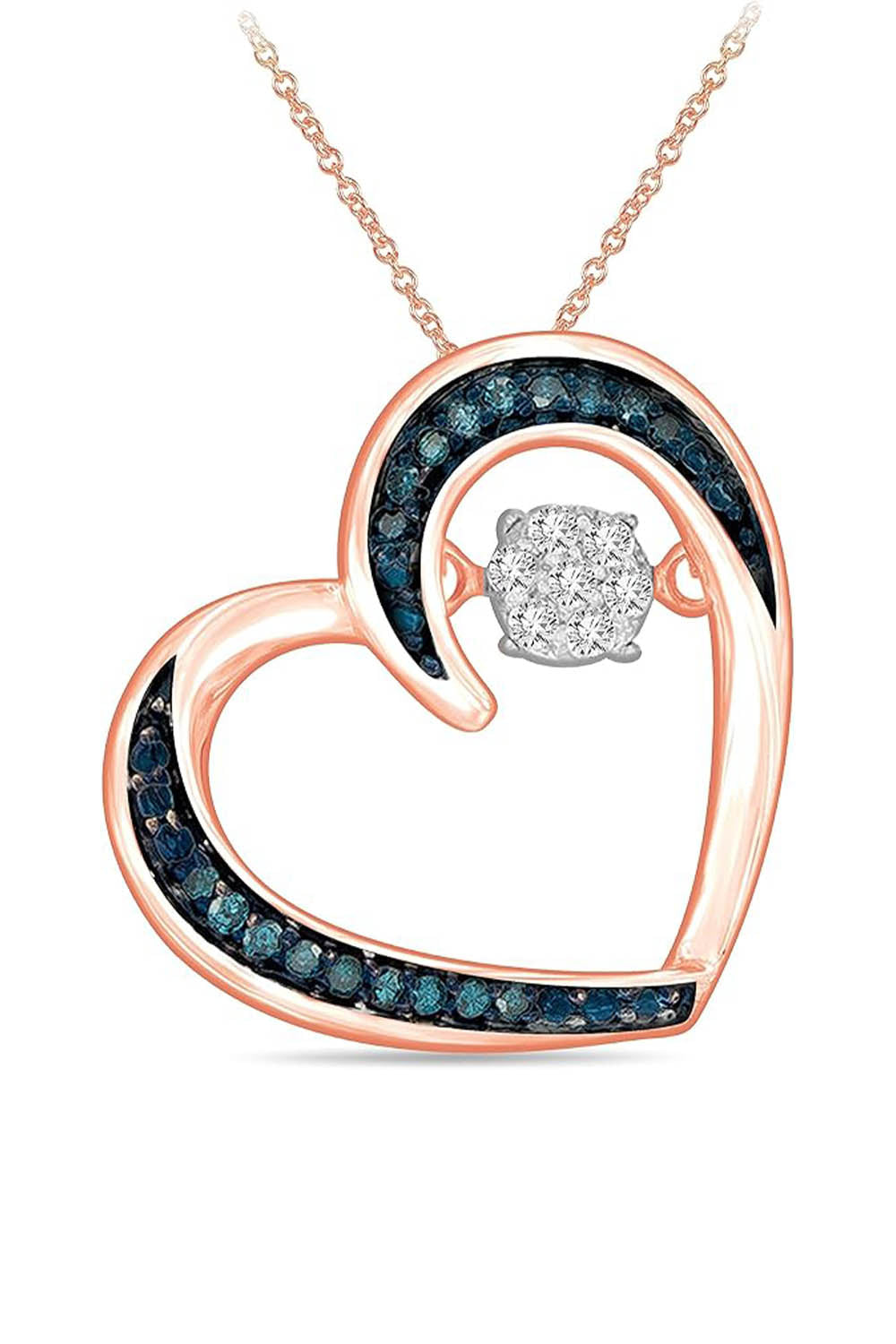Rose Gold Color Blue and White Moissanite Heart Pendant Necklace