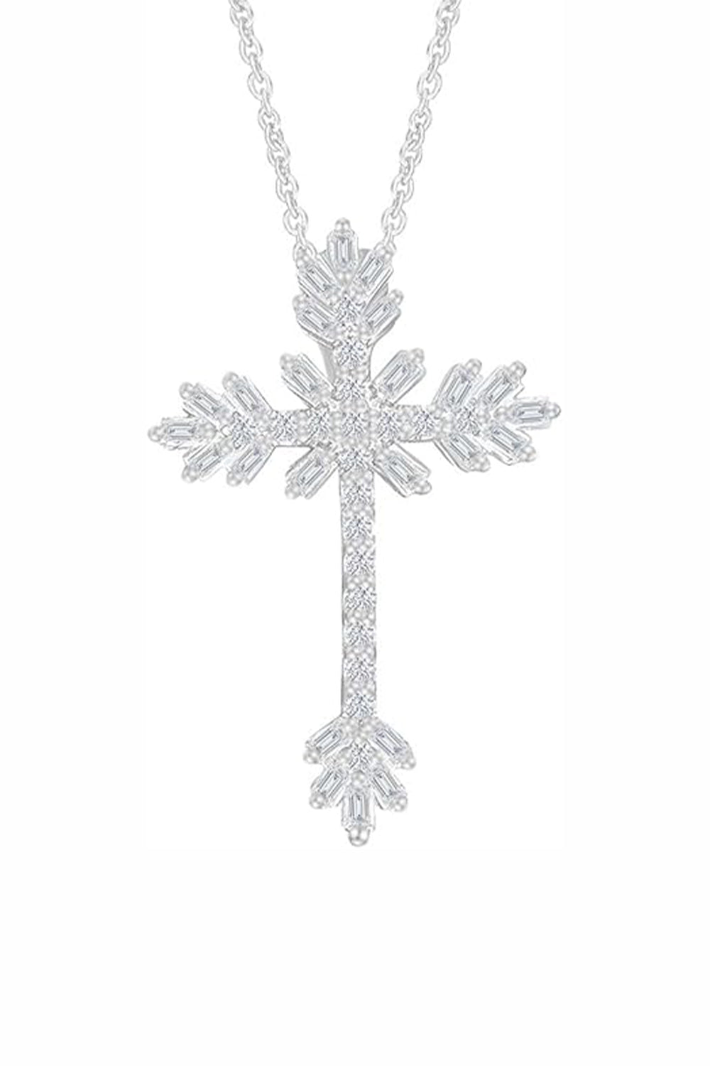 White Gold Color Baguette and Round Moissanite Cross Pendant Necklace 