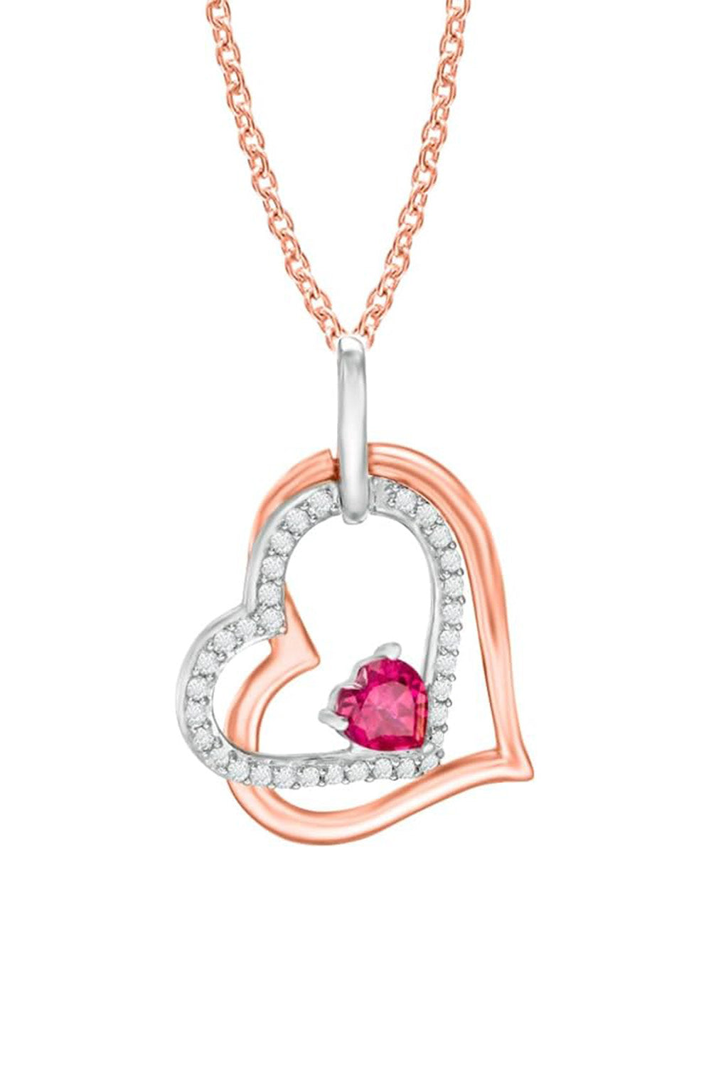 Rose Gold Color Ruby Diamond Tilted Double Heart Pendant Necklace