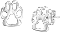 White Gold Color Silver Paw Print Stud Earrings for Women, Womens Studs