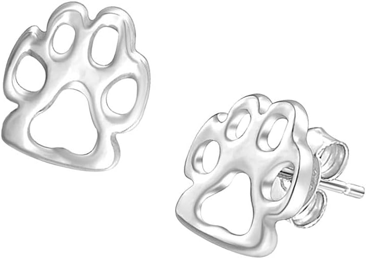 White Gold Color Silver Paw Print Stud Earrings for Women, Womens Studs