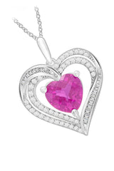 White Gold Color Ruby July Birthstone Gemstone Heart Pendant Necklace