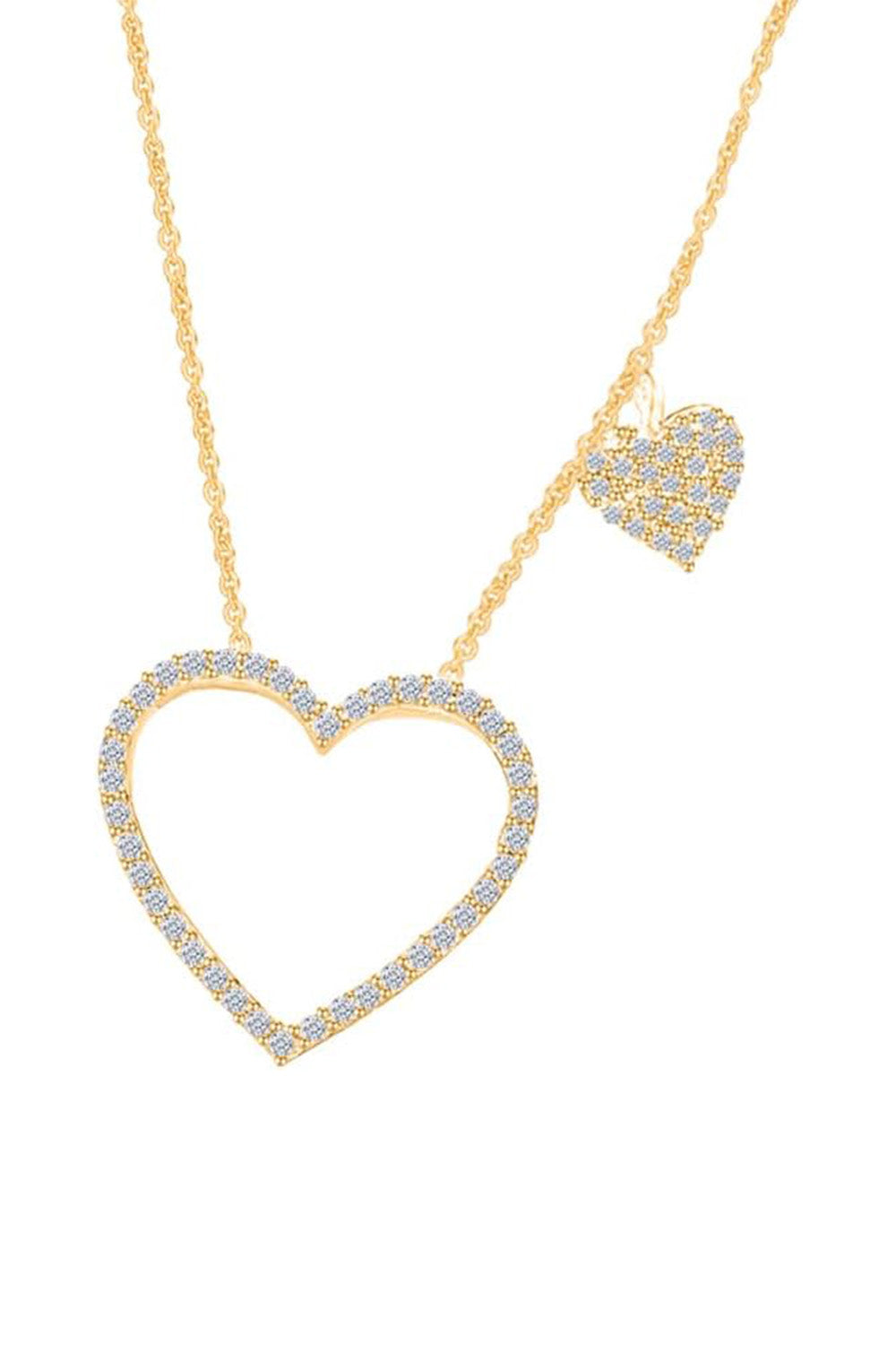 Yellow Gold Color Heart Outline with Heart Dangle Station Necklace 