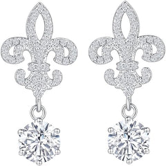 White Gold Color Fleur De Lis Dangle Earrings for Women, Silver Studs