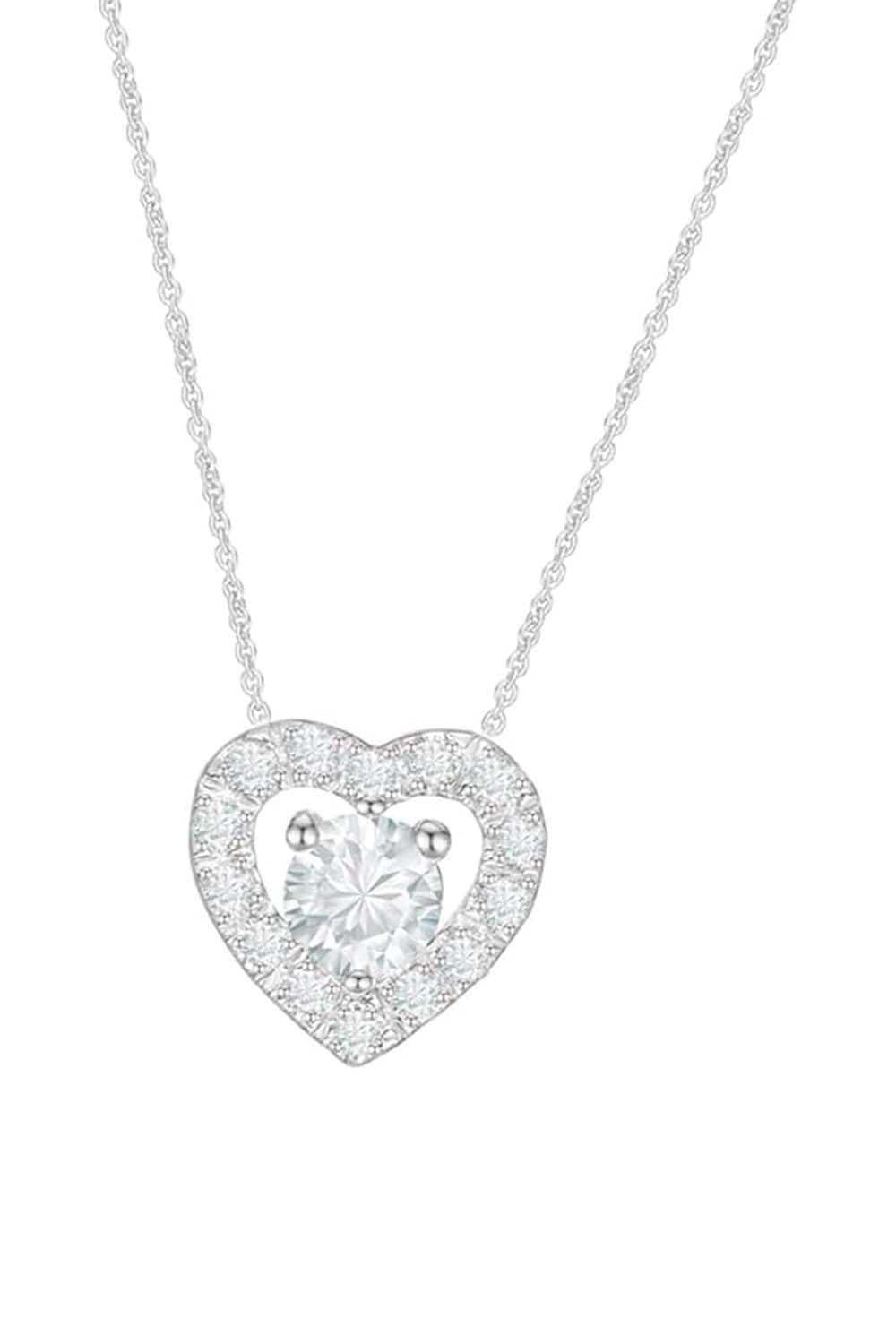 White Gold Color Round Solitaire Moissanite Halo Heart Pendant Necklace