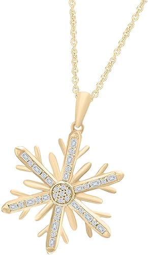 Yellow Gold Color Baguette Round Moissanite Snowflake Pendant Necklace 