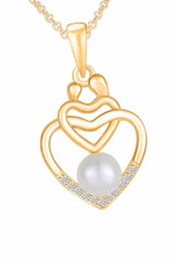 Yellow Gold Color Pearl Child with Mom Double Heart Pendant Necklace 