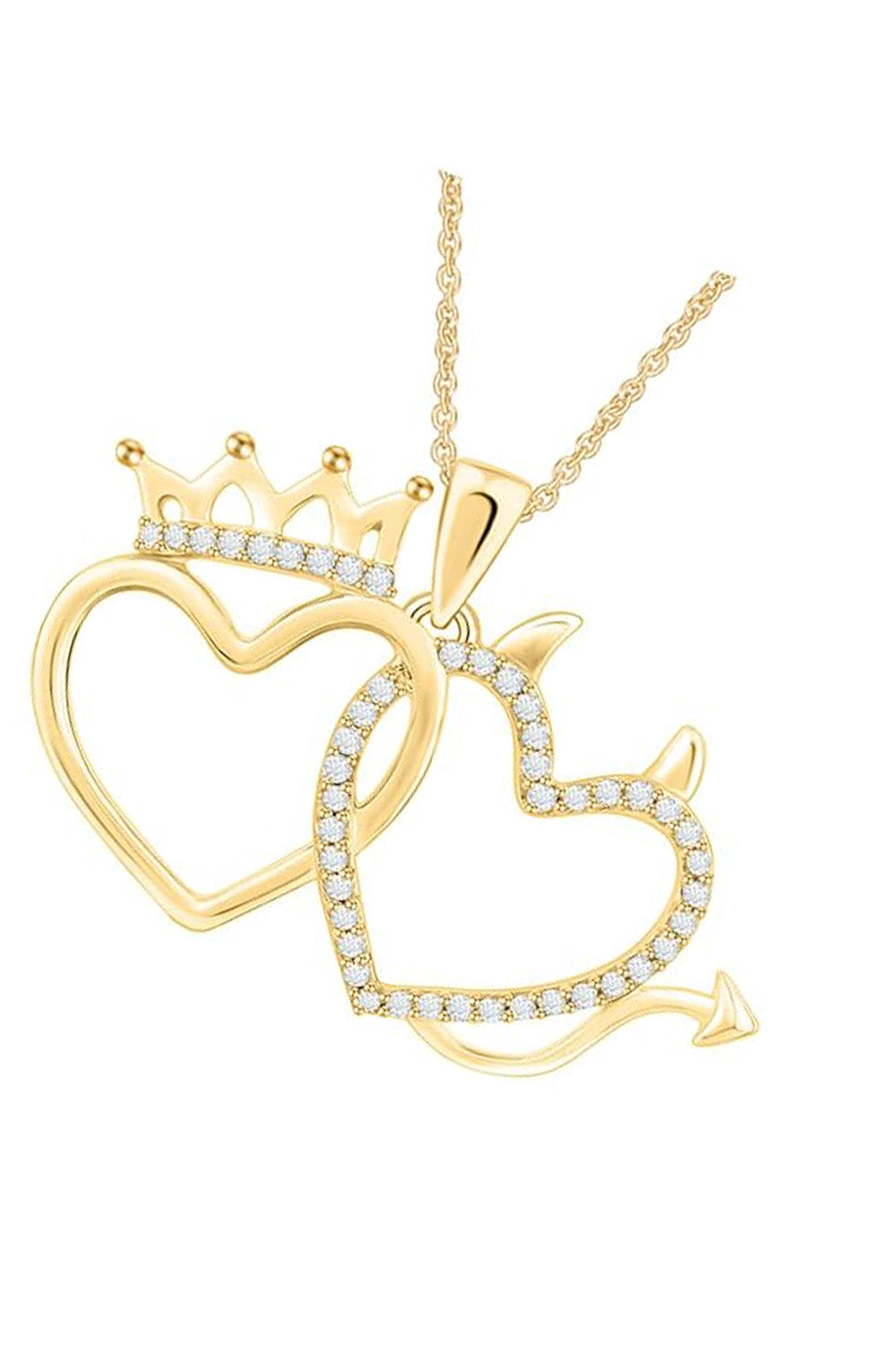Yellow Gold Color Crown Devil Double Heart Pendant Necklace