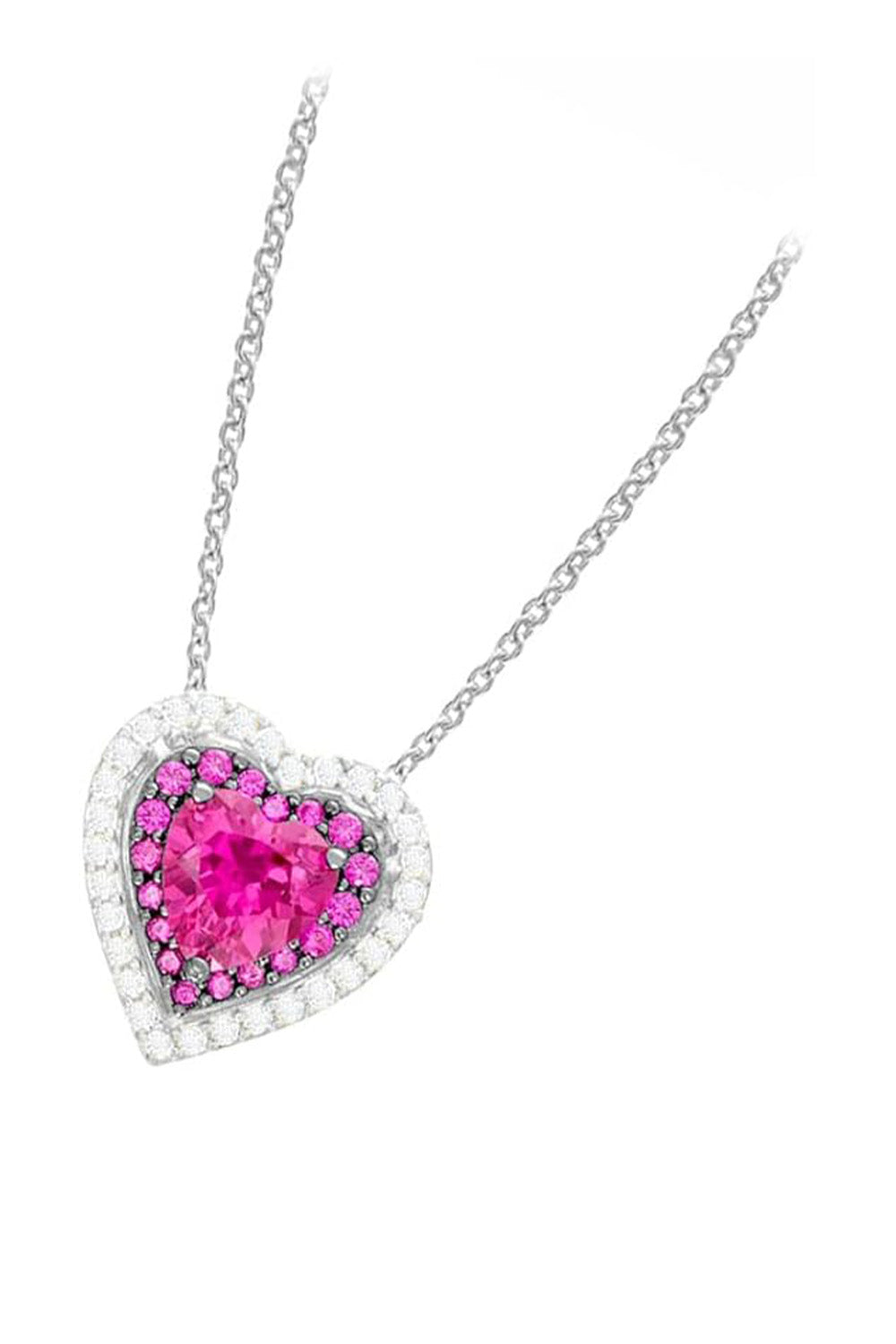 White Gold Color Ruby Diamond Double Heart Pendant Necklace 