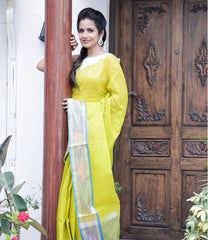 Yellow Green Charukriti Cotton Saree