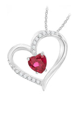 White Gold Color Pink Ruby Birthstone Love Heart Pendant Necklace