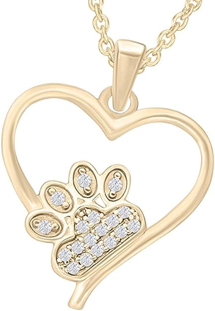 Yellow Gold Color Paw Print Heart Love Pendant Necklace