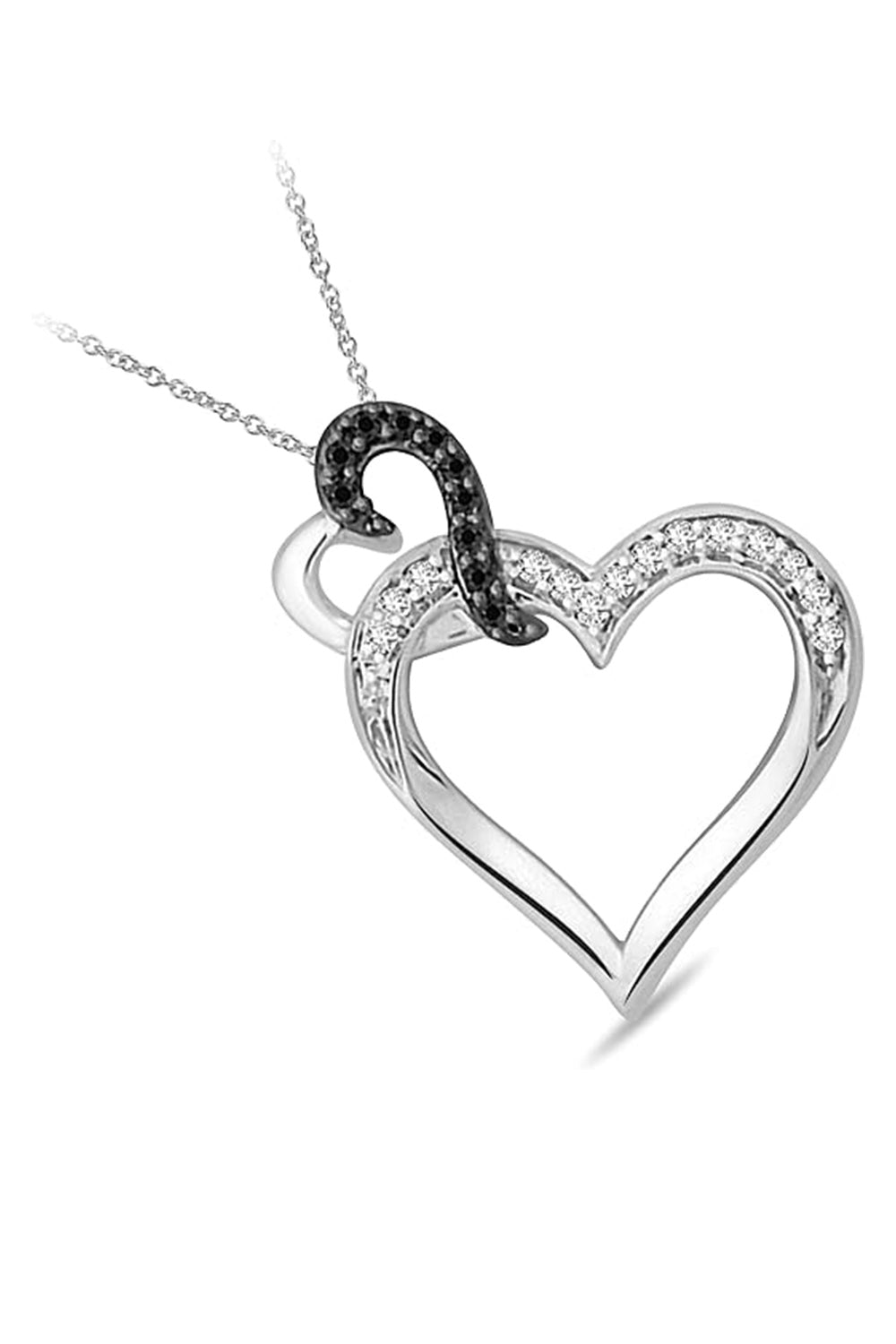 White Gold Color Black and White Double Heart Pendant Necklace