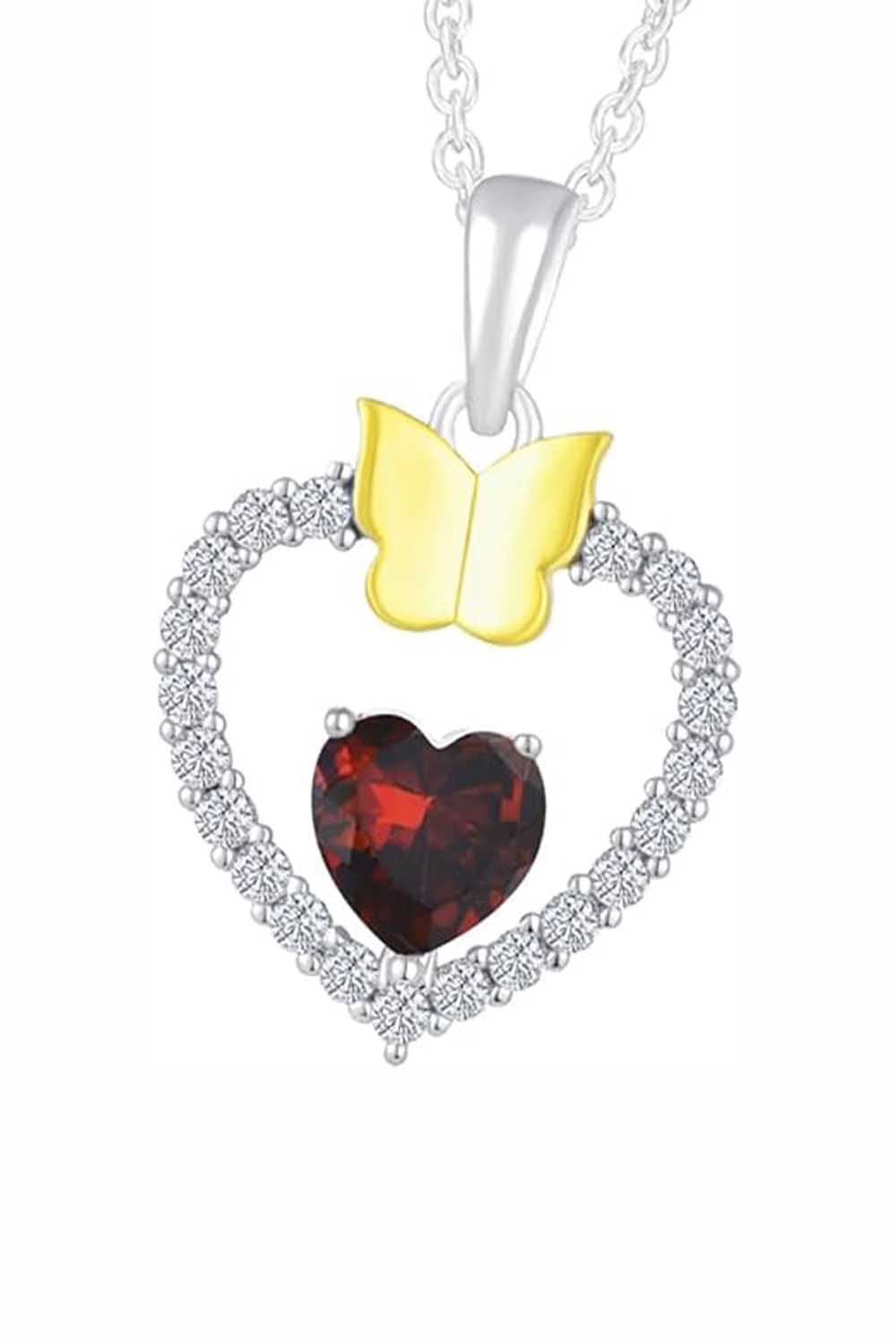 Garnet Gemstone Heart with Butterfly Pendant Necklace