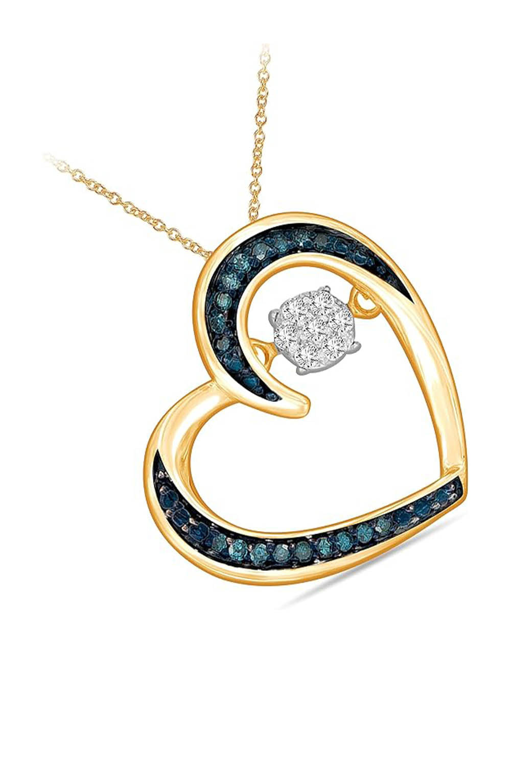 Yellow Gold Color Blue and White Moissanite Heart Pendant Necklace