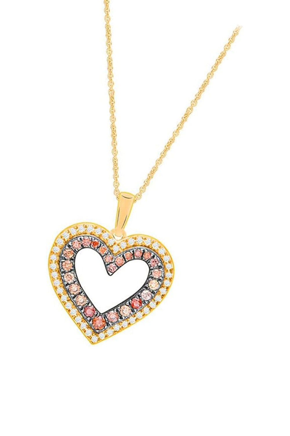 Yellow Gold Color Brown CZ Double Row Heart Pendant Necklace